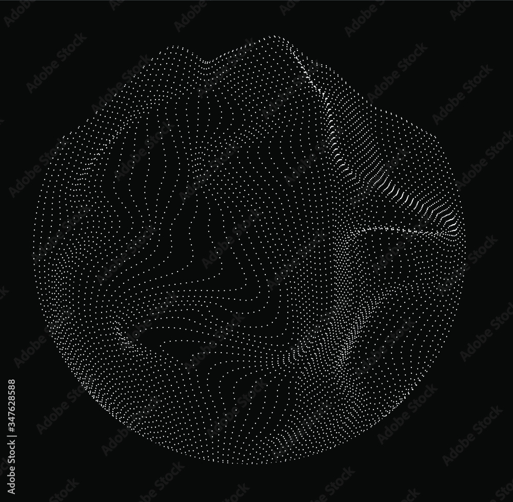 Poster Circle with glitched texture and wavy lines made of particles. Abstract geometric shape for technology and science illustration.