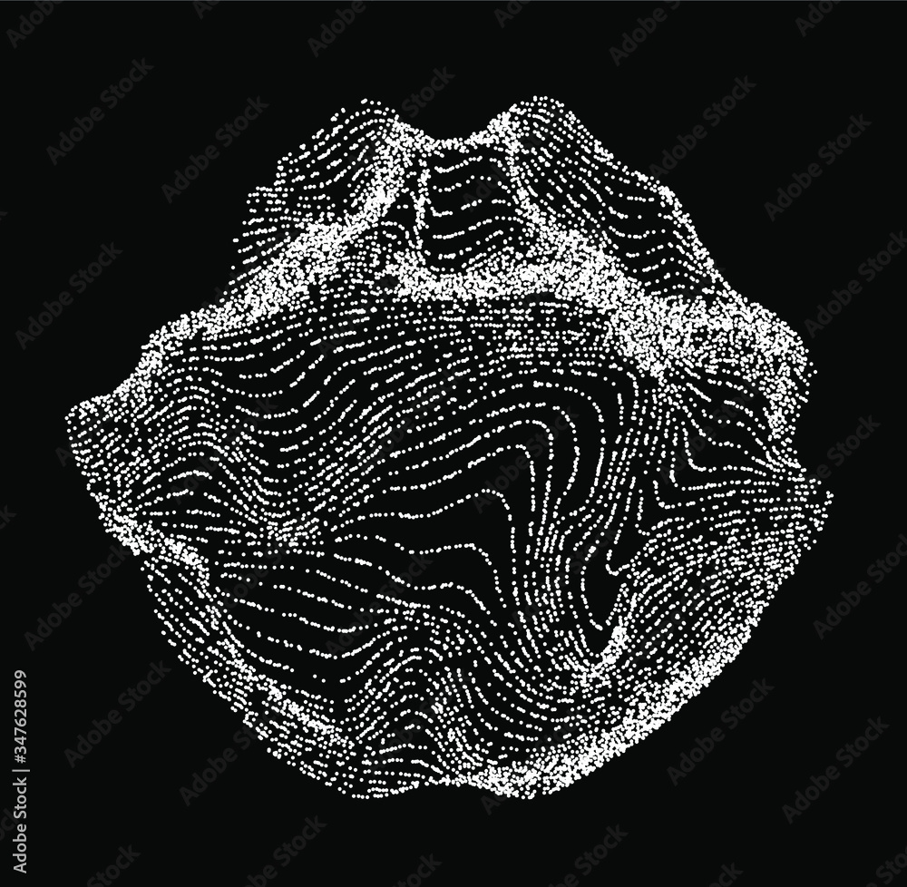 Poster Circle with glitched texture and wavy lines made of particles. Abstract geometric shape for technology and science illustration.