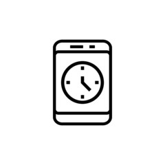 Smartphone or phone receiving message icon with clock sign, countdown, deadline, schedule, planning symbol in outline style on white background,