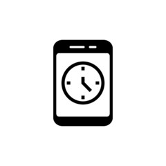 Smartphone or phone receiving message icon with clock sign, countdown, deadline, schedule, planning symbol in black flat design on white background,
