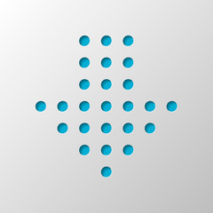 Dot arrow cursor, down direction, download. Paper design. Cutted symbol with shadow