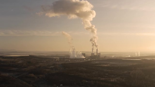 Power plant polluting the atmosphere in Visonta, Matra, aerial drone footage