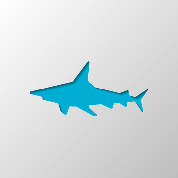 Shark silhouette, underwater predator. Paper design. Cutted symbol with shadow