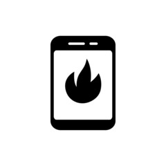 Smartphone with fire flame icon in black flat design on white background, Mobile phone repair service outline vector icon, Symbol, logo illustration Vector graphics