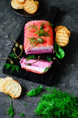 Salmon and beetroot terrine.style vintage