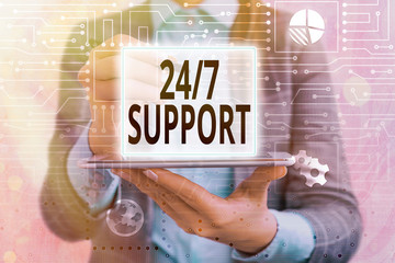 Text sign showing 24 Or 7 Support. Business photo text Giving assistance to service whole day and night No downtime