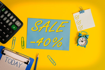 Conceptual hand writing showing Sale 40 Percent. Concept meaning A promo price of an item at 40...