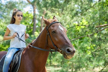 Obraz premium Teenager girl riding a brown horse, horseback riding for people in the park