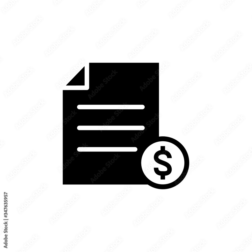 Sticker Banking document dollar file finance money page icon in black flat on white background, Vector icon