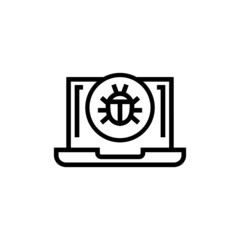 Malware on laptop display icon in outline style on white background, Virus computer bug icon, Software Bug icon