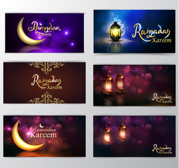 Ramadan Kareem greeting on blurred background set of cards