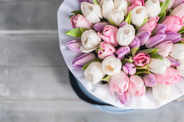 Bouquet of flowers. Pink and white tulips.