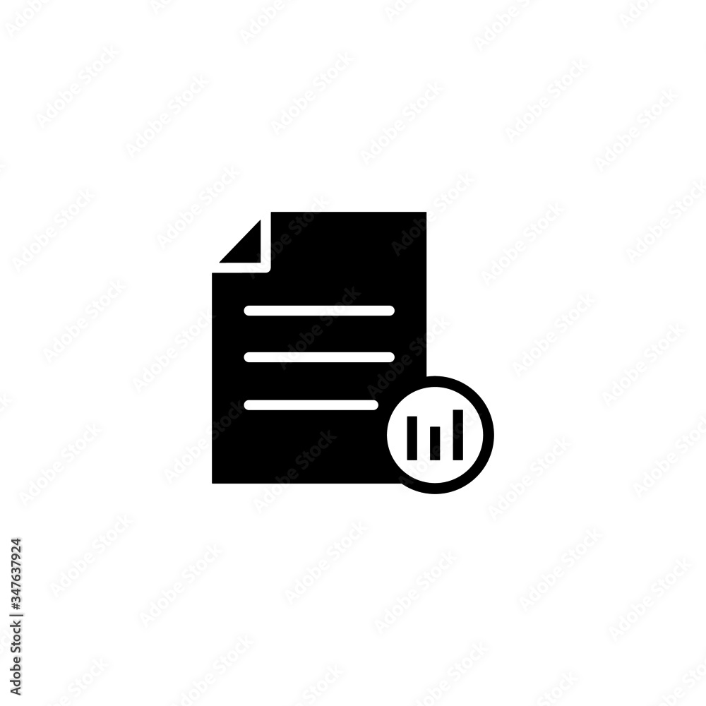 Sticker Business document file graph page stats icon in black flat on white background, Vector icon