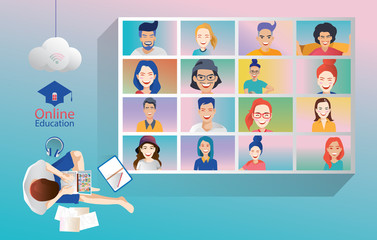 Video conferencing People on the laptop screen who go with colleagues, top view, video conferencing, and online education for men and women. Quarantine yourself to prevent from COVID -19 vector.