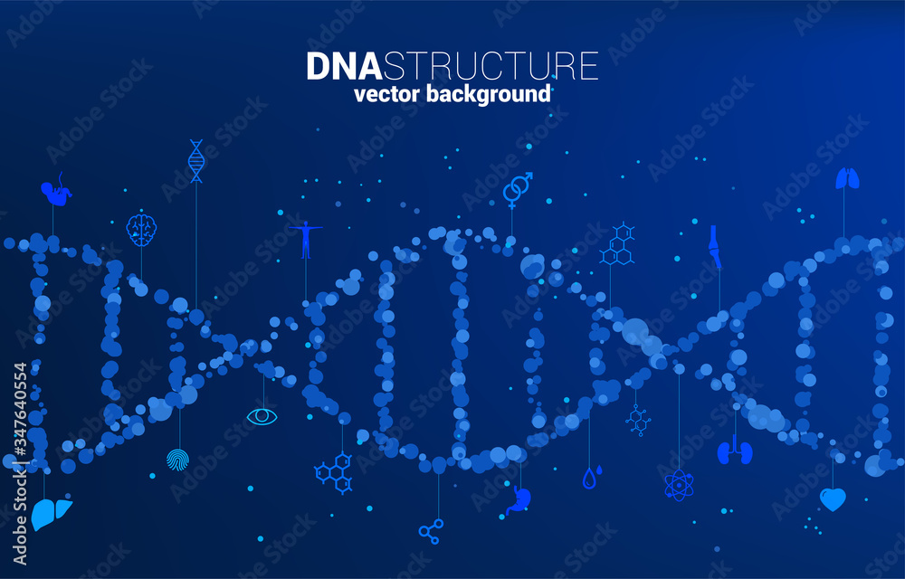 Poster vector dna genetic structure from dot random with icon. background concept for biotechnology and bio