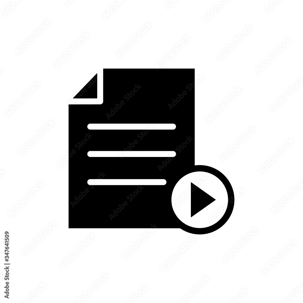 Poster Document file page play button video icon in black flat on white background, Vector icon