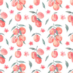 Fototapeta na wymiar Seamless pattern with pink peaches. For wrapping paper and fabric. Elements for decoration and baby room interior. Hand drawn watercolor illustration. Isolated on white background