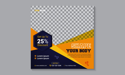 Creative Offer square Fitness banner template design for social media ads. Best Offer abstract Template Design for social media promotional post.