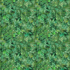 Naklejka na ściany i meble Watercolor green leaf wood forest seamless pattern texture background
