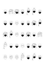 A set of images of a masked person. Epidemic, vector graphics, simple shapes, black and white, emotions