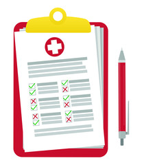 health test, document, check mark and pen, checklist. Flat concept design on white background health concept.