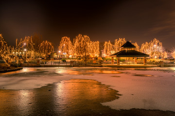 Fototapeta premium Winter Night Landscape. Frozen Lake and Christmas lights, Schaumburg, IL