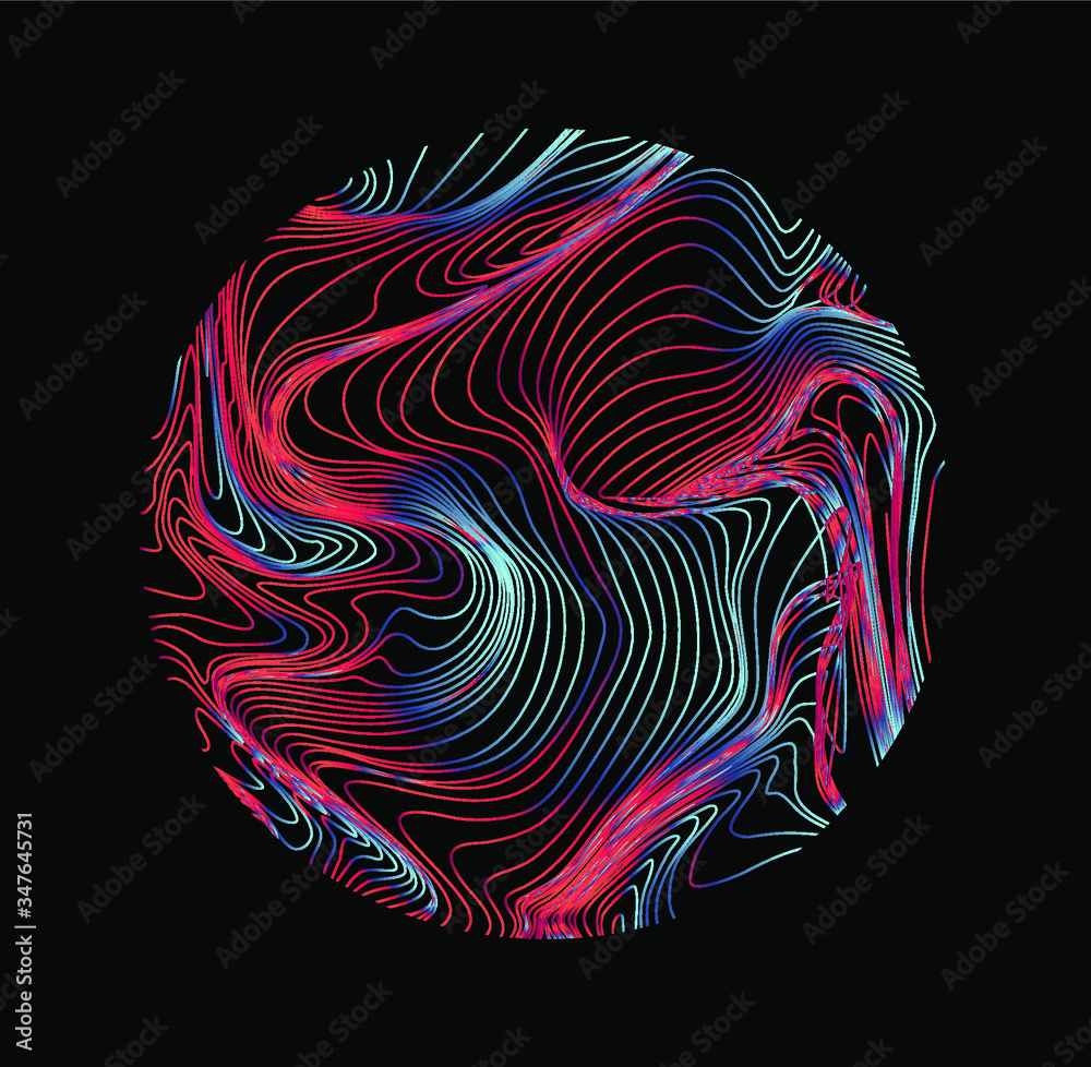 Leinwandbilder Illuminated holographic circle with glitched texture made by generative algorithm. Retrofuturistic illustration in 80s-90s synthwave and retrowave chromatic spectrum colors.