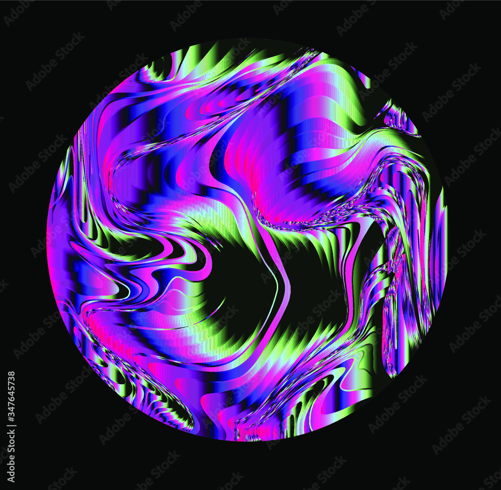 Poster Illuminated holographic circle with glitched texture made by generative algorithm. Retrofuturistic illustration in 80s-90s synthwave and retrowave chromatic spectrum colors.