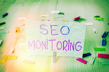 Word writing text Seo Monitoring. Business photo showcasing Tracking the progress of strategy made...
