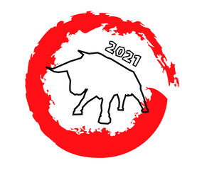 Big bull animal silhouette new year 2021 symbol in red circle white background