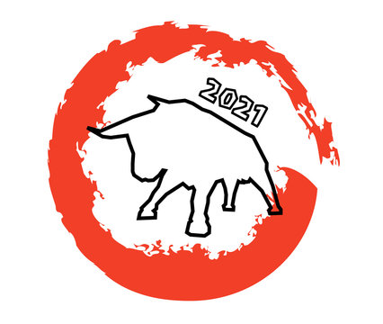 Big bull animal silhouette new year 2021 symbol in red circle white background