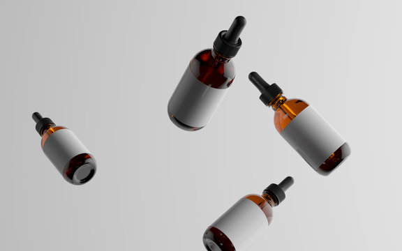 Amber Glass Dropper Bottle Mockup - Multiple Floating Bottles. Blank Label
