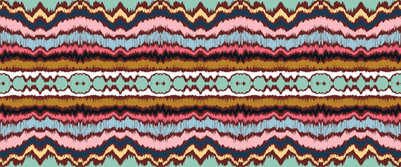 Ikat border. Geometric folk ornament. Ink on clothes. Tribal vector texture. Seamless striped pattern in Aztec style. Ethnic embroidery. Indian, Scandinavian, Gypsy, Mexican, African rug.