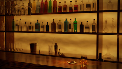 A glass of whiskey and a chocolate plate placed on a wooden bar counter. 3D rendering.