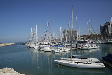 Fototapeta premium yacht and catamaran in the marina blue sky and blue see background. Banner, pattern, background.