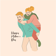 illustration from happy mothers day. the boy carries his old mother and laughs brightly on his son's shoulder. boys and biological mothers playing, having fun together