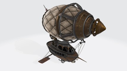 3d illustration of a fantasy airship in steampunk style on isolated white background. 3d computer graphics of a Zeppelin in Steampunk style © adis97