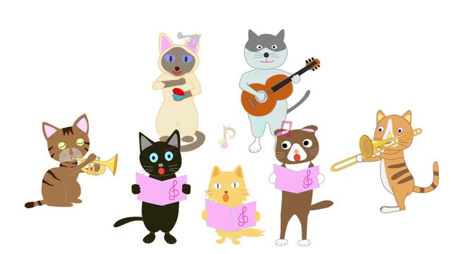 猫のコンサート。猫が楽器を演奏したり歌ったりしている。