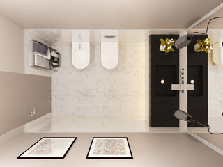 3D render, interior of the toilet in a private cottage. Toilet interior design illustration in traditional modern american style