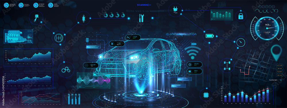 Leinwandbilder Hud diagnostic auto with hologram car. Futuristic User Interface with auto in polygonal style, wireframe in line. Auto service in HUD style. Information and infographic with ui. Vector illustration