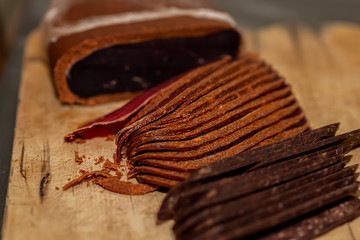 Traditional Armenian cuisine. Basturma Beef jerky. Basturama on a cutting board