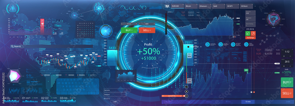 Poster set graphics and charts, forex market and trading elements. data and statistic, information and info
