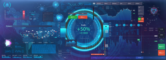 Set graphics and charts, forex market and trading elements. Data and statistic, information and infographic. UI, UX, KIT and HUD interface. Futuristic infographics. Business background. Vector - obrazy, fototapety, plakaty