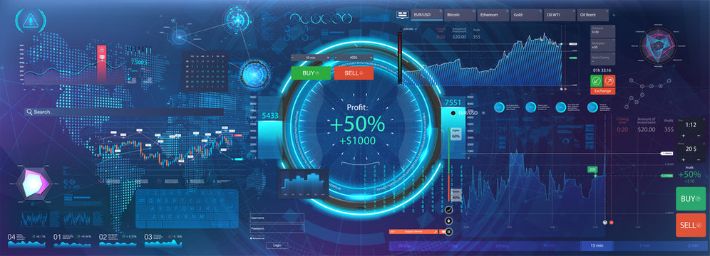 Set graphics and charts, forex market and trading elements. Data and statistic, information and infographic. UI, UX, KIT and HUD interface. Futuristic infographics. Business background. Vector