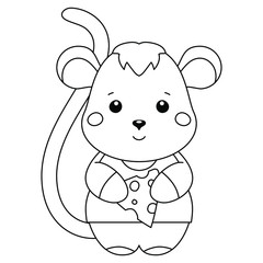 coloring book page for kids. vector editable line art. cute cartoon image of simple little  baby mouse with cheese - 347653129