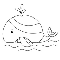 coloring book page for kids. vector editable line art. cute cartoon image of simple whale in water - 347653158