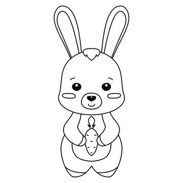 coloring book page for kids. vector editable line art. cute cartoon image of little cute baby rabbit with carrot