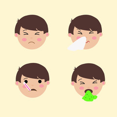 Set Cute Boy Emoticon Sick Expresions Vector