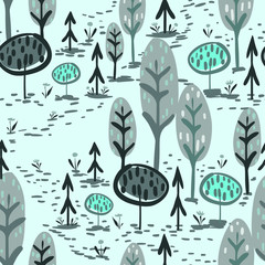 vector seamless colorful pattern. Backdrop image with cute doodle-style nature parts: trees, grass, and flowers - 347656385