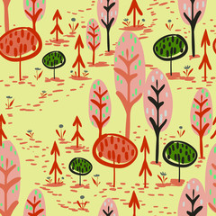 vector seamless colorful pattern. Backdrop image with cute doodle-style nature parts: trees, grass, and flowers - 347656388